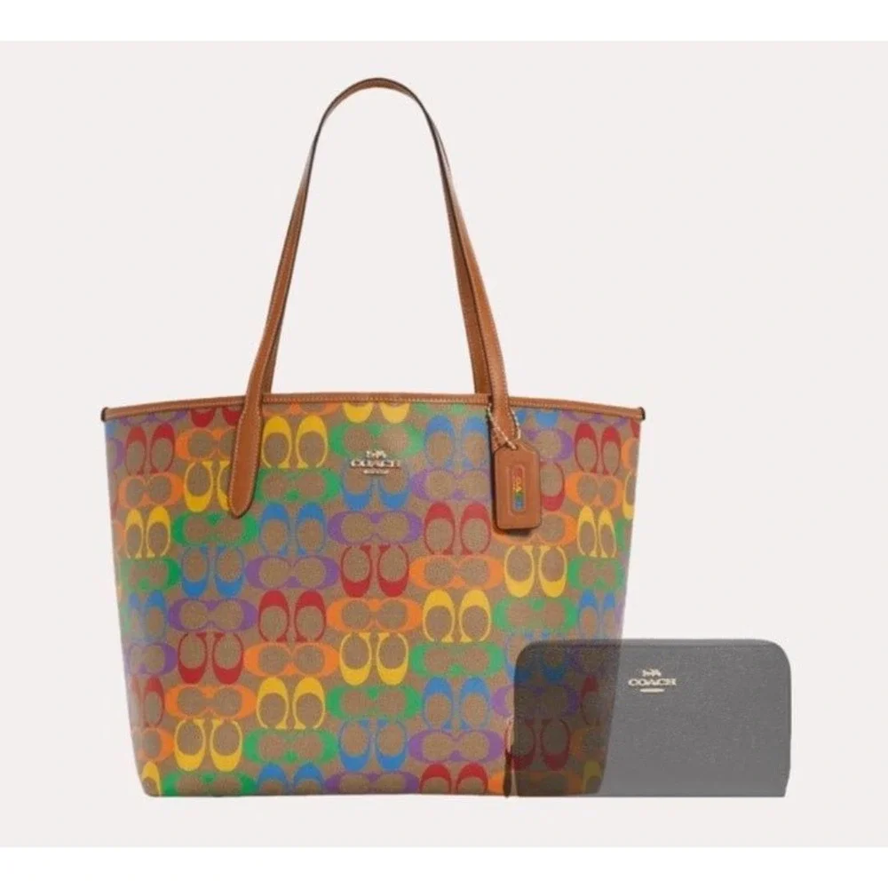 Coach City Tote Purse Bag In Rainbow Signature Canvas NEW